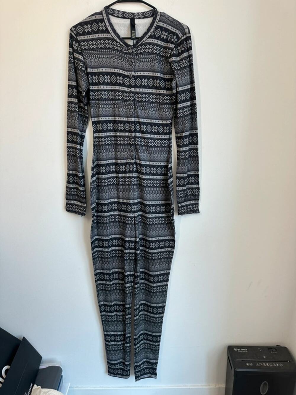 SKIMS Fair Isle Holiday Thermal Onesie Black Gray Size Large